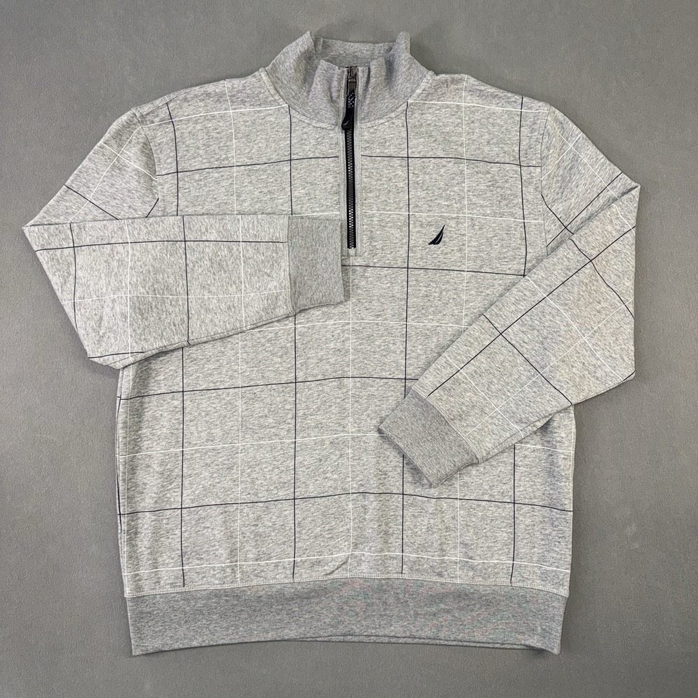 Men's Nautica Windowpane Check Cotton 1/4 Zip Sweatshirt Gray Size XL